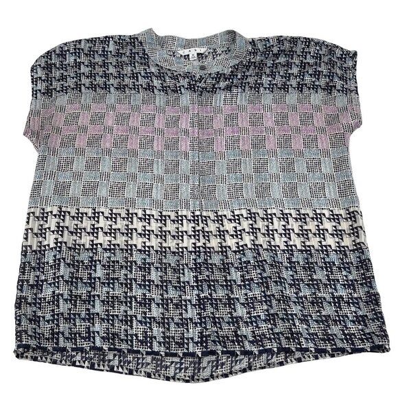 Cabi Women's Short Sleeve Patterned Blouse Size M patchwork semi sheer - Picture 1 of 4